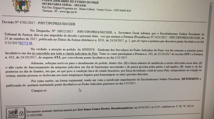 Ponto facultativo dia 03/11 no TJ/PI