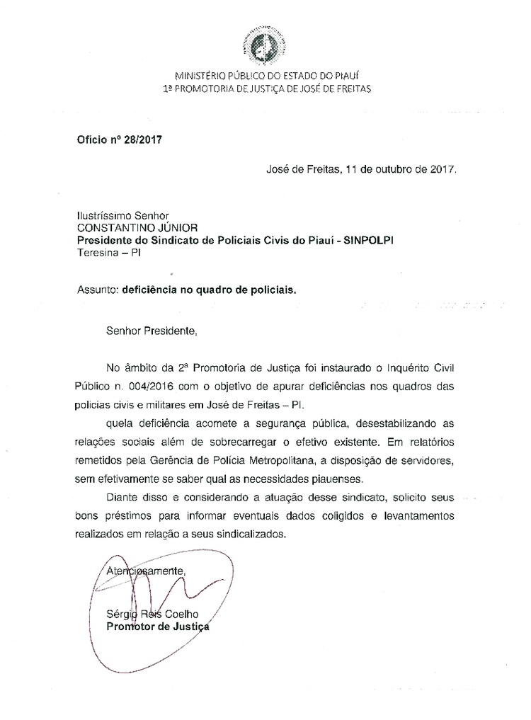Oficio do Sinpolpi encaminhado ao MP/PI