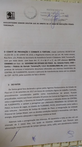 A noticia crime foi protocolada hoje no tribunal de justiça do Piauí