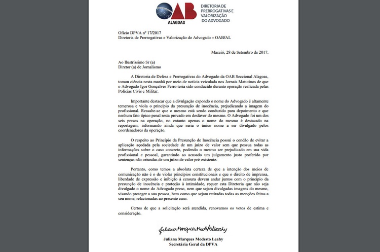 Leia a nota em que a OAB pediu que as redações censurassem a divulgação da prisão do advogado