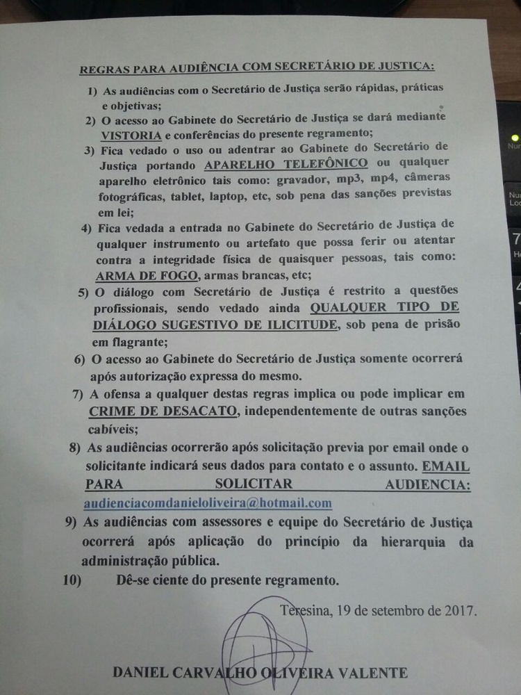 Portaria interna baixada pelo secretário de Justiça, Daniel Oliveira.