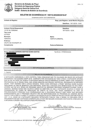 Esse o boletim de ocorrência contra o jovem advogado Marcus Vinicius