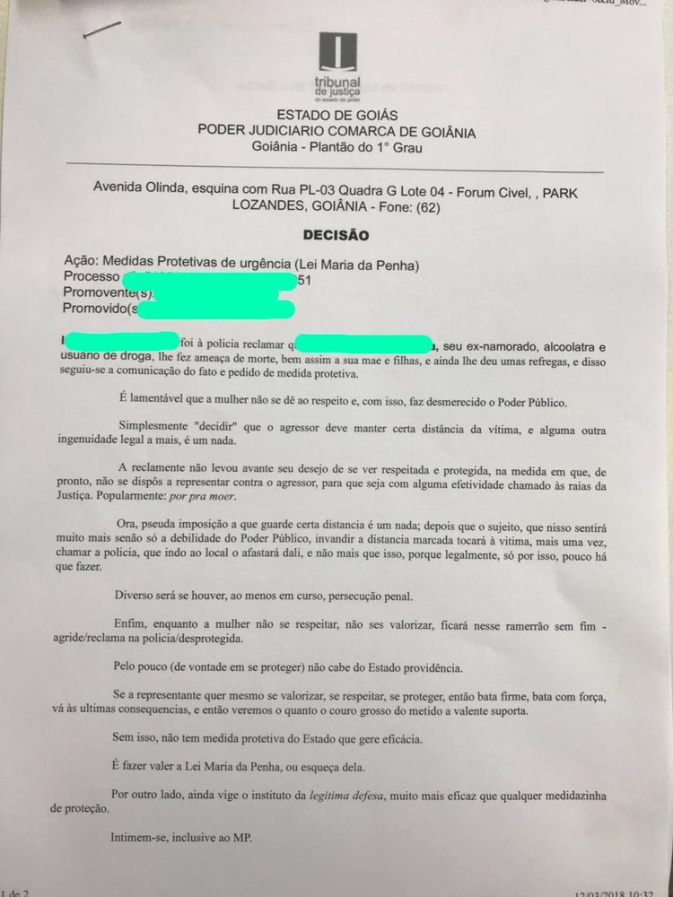 Juiz de Goiânia nega medida protetiva porque mulher 