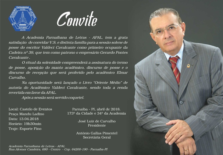 Convite para a posse de Valdeci Cavalcante na APL