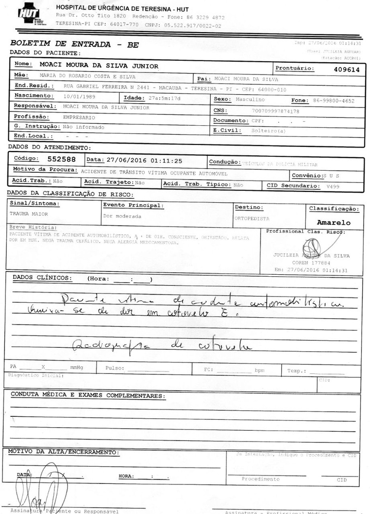 Laudo expedito pelo  Hospital de Urgência de Teresina