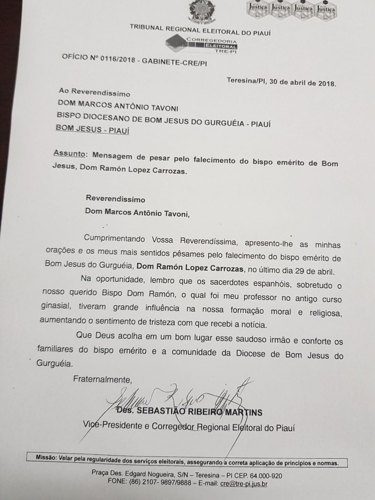 Oficio encaminhado ao Bispo de Bom Jesus do Gurgueia