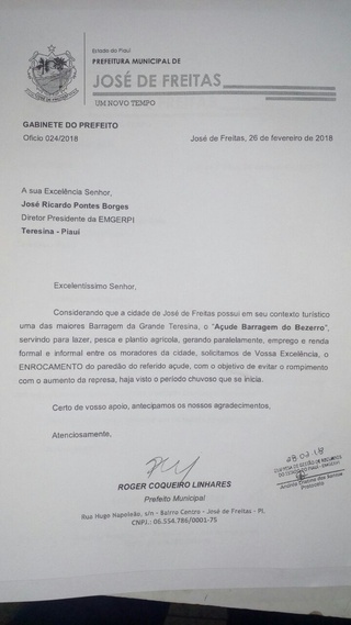 Ofício que o prefeito Roger Linhares encaminhou a Emgerpi