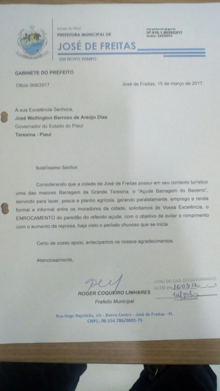 Veja o primeiro ofício que o prefeito Roger Linhares encaminhou ao governador Wellington Dias