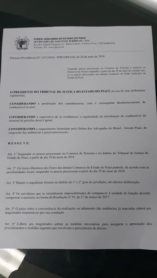 Portaria que suspende os prazos processuais no TJ/PI