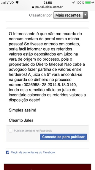 Nota enviada pelo Advogado Cleanto Jales.