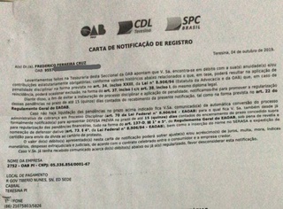 OAB/PI está inscrevendo advogados no SPC e SERASA por débito de R$ 300,00