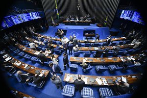 Senadores reunidos no plenário durante a discussão sobre os decretos das armas (Foto: Marcos Oliveira/Agência Senado)