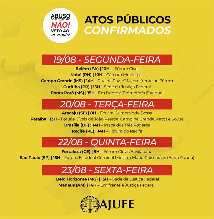 Magistrados federais farão atos contra o PL de abuso de autoridade em todo o país.