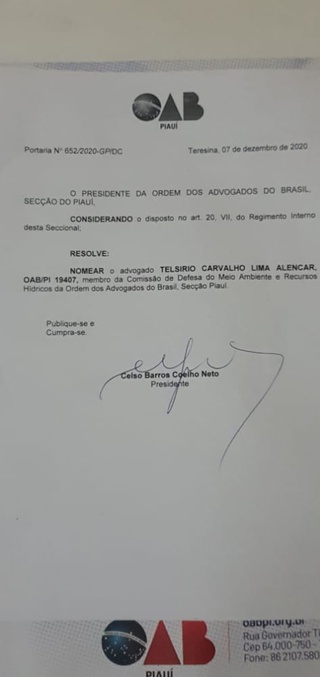 Portaria Assinada pelo presidente da OAB/PI