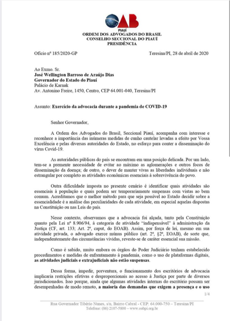 Estado atende ao pedido da OAB/PI e escritórios serão reabertos.