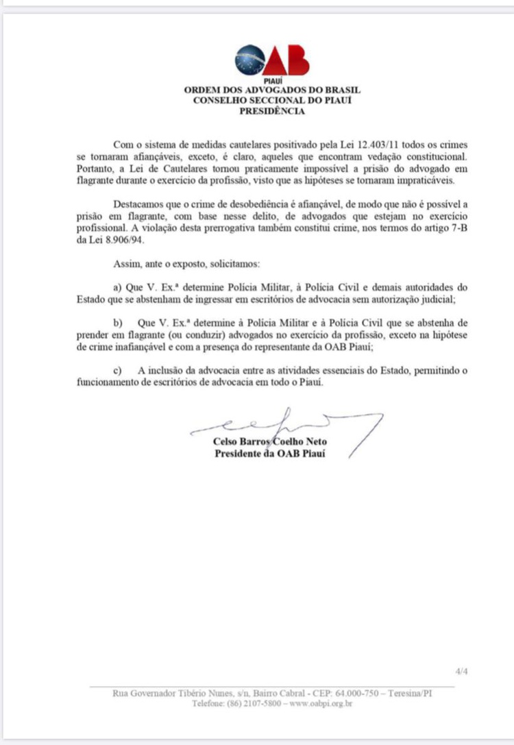 Estado atende ao pedido da OAB/PI e escritórios serão reabertos