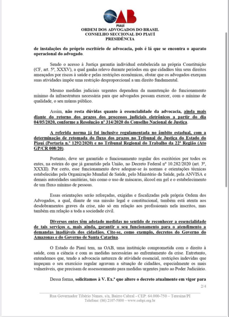 Estado atende ao pedido da OAB/PI e escritórios serão reabertos