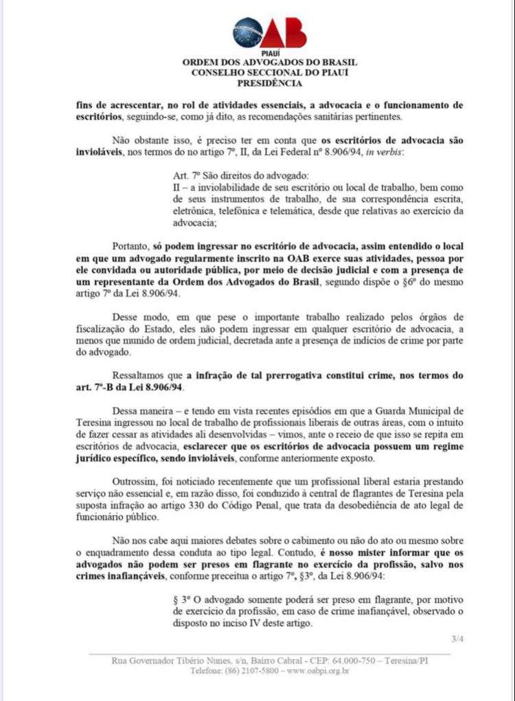 Estado atende ao pedido da OAB/PI e escritórios serão reabertos