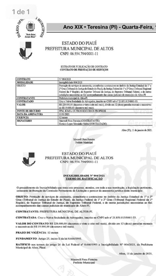 Prefeitura de Altos vai pagar  R$ 1.200.000,00 por ano a advogados