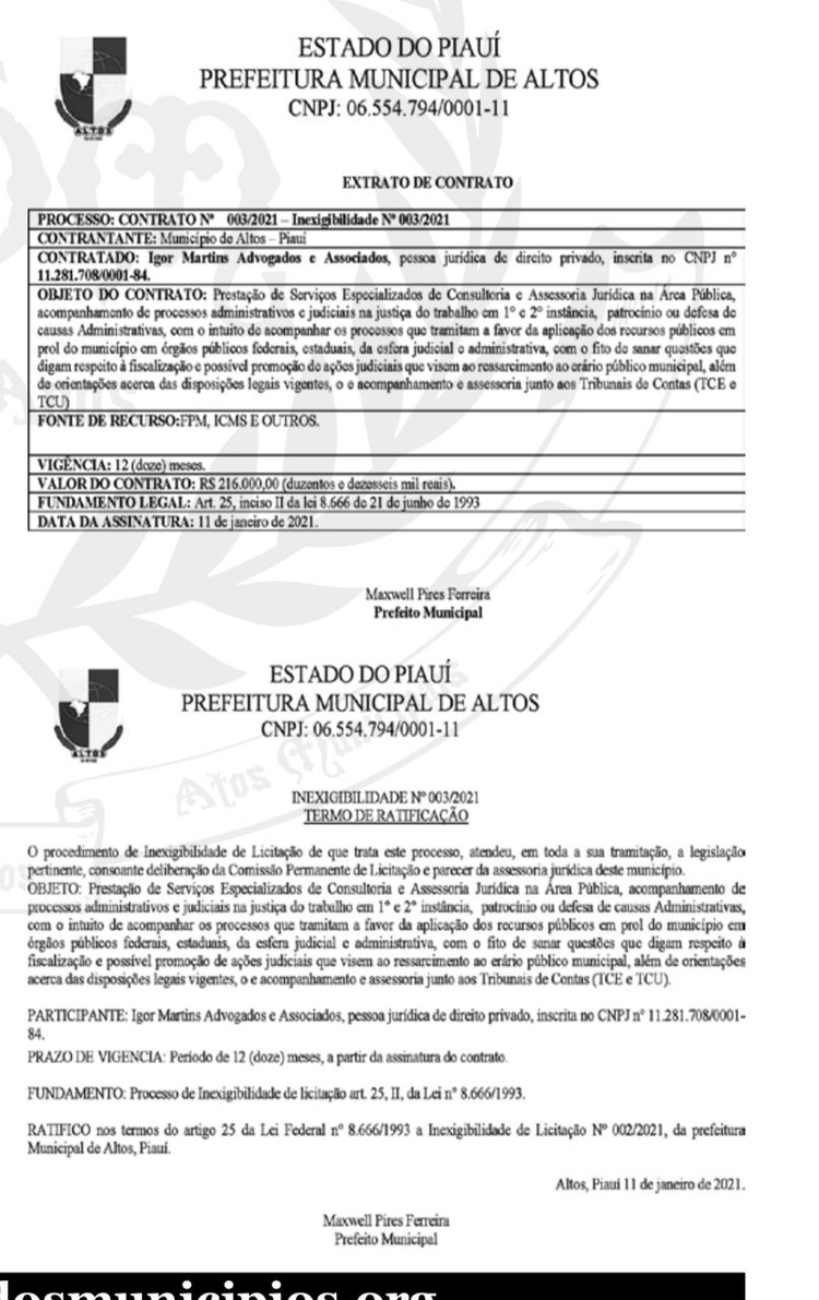 Prefeitura de Altos vai pagar  R$ 1.200.000,00 por ano a advogados