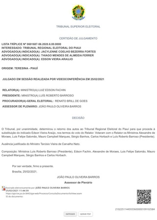 TSE manda TJ/PI excluir  Édson Vieira da lista tríplice.