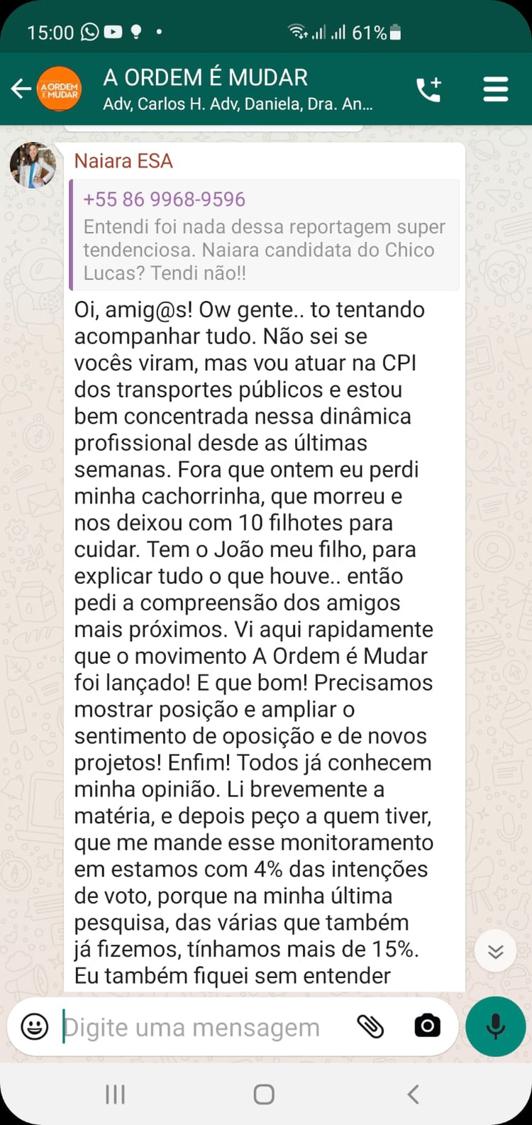 Advogada Naiara reage: “Não me sinto vinculada ao grupo de Chico