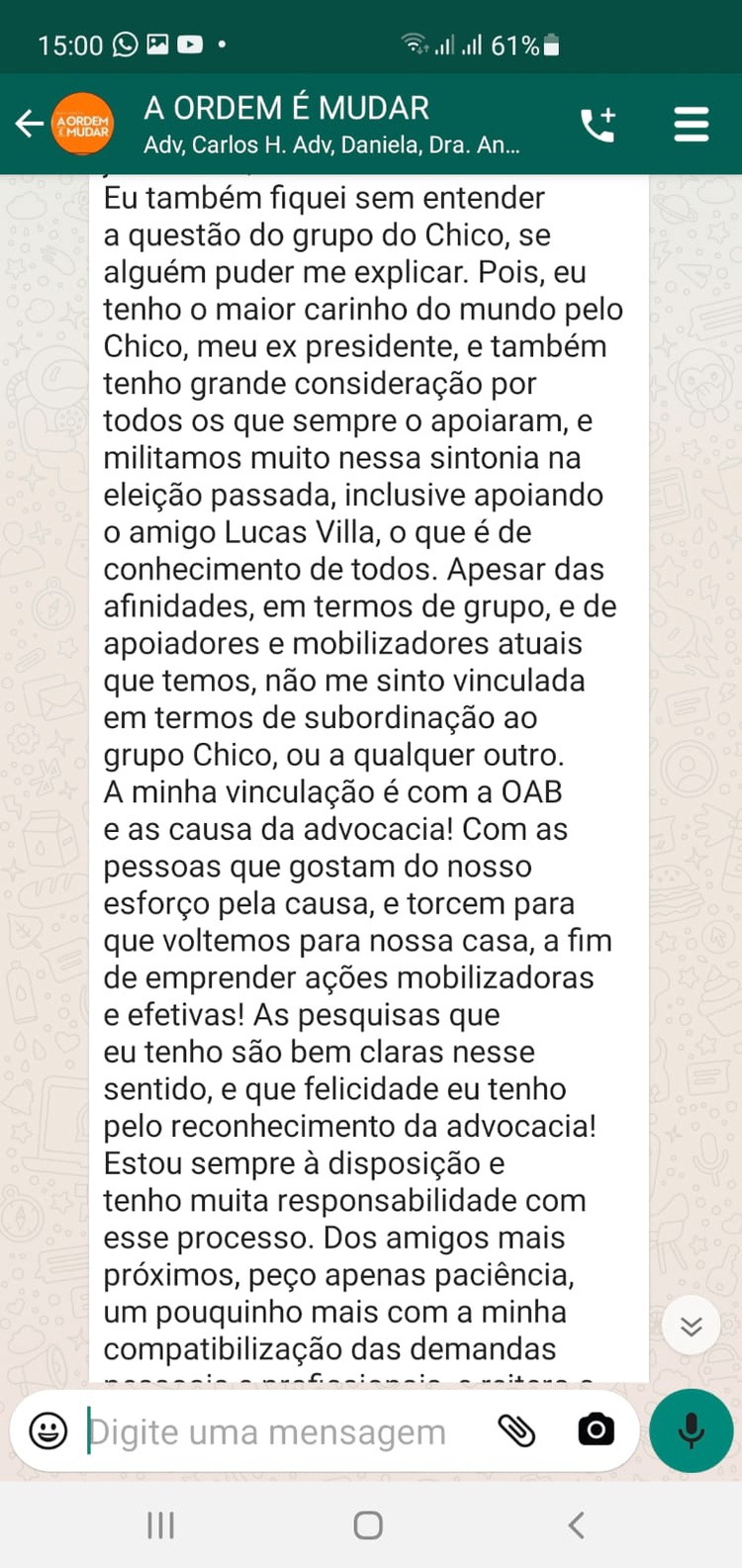 Advogada Naiara reage: “Não me sinto vinculada ao grupo de Chico