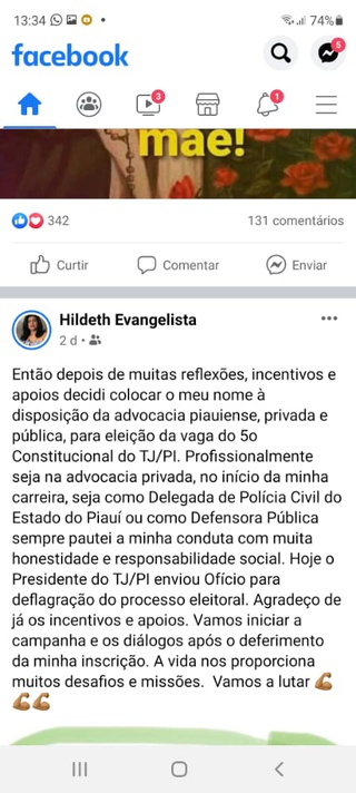 Segunda mulher coloca seu nome para disputar vaga do 5º Constitucional do TJ/PI