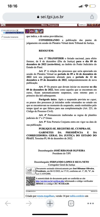 TJ/PI decide transferir feriado de quinta feita. 08, para sexta dia 09