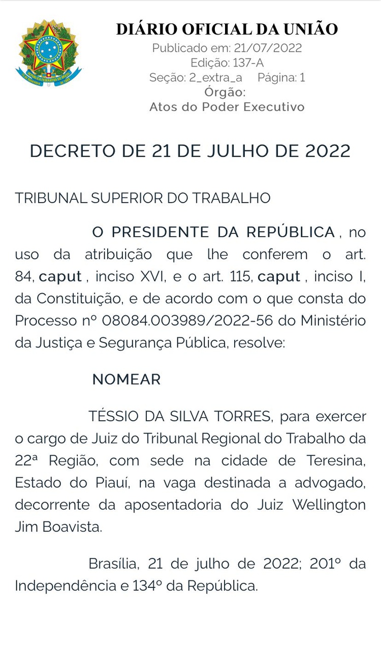 Nomeação de Tessio Torres para o TRT/PI