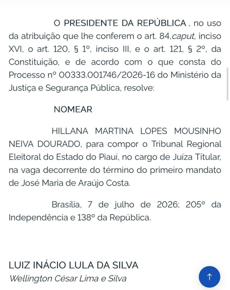 Lula nomeia Hillana Lopes e Daniel Alves para juízes do TRE/PI